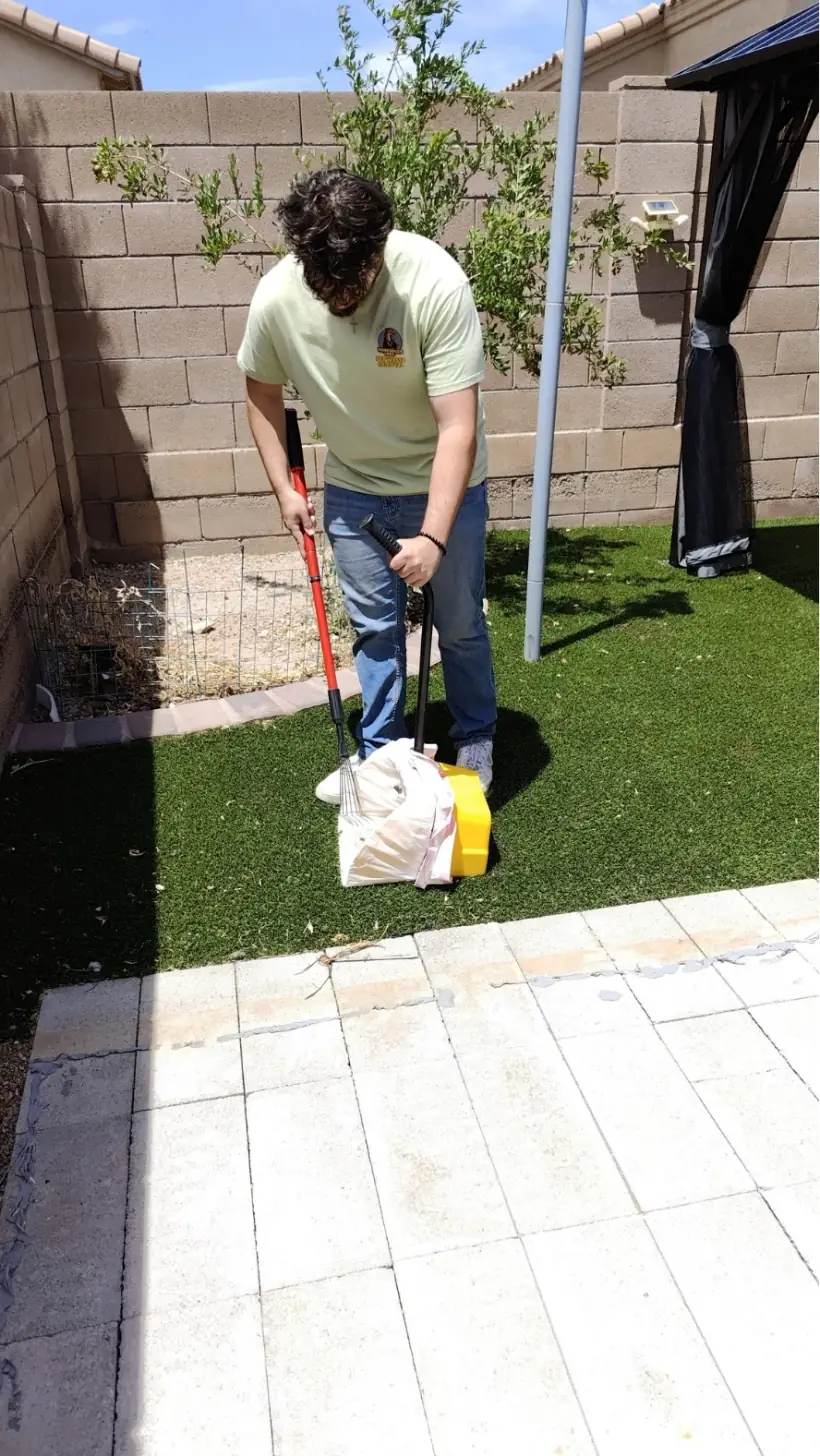 Scoop Doggy Logs technician bagging dog waste during a Tucson yard cleanup