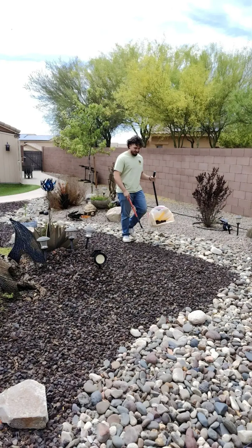 Scoop Doggy Logs technician cleaning a Tucson yard with rock, gravel, turf, and desert landscaping