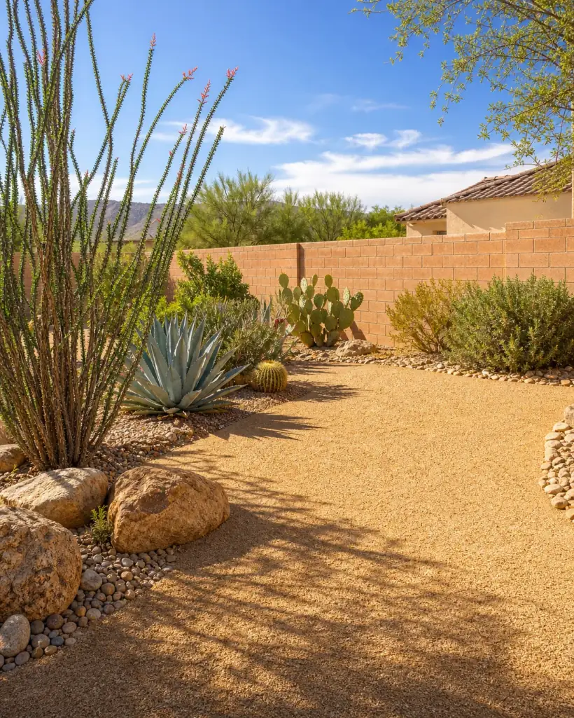 Clean Tucson desert backyard with cactus, gravel, and sunny local landscaping