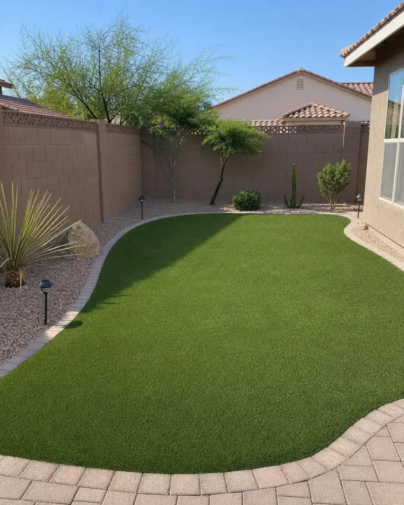 Clean Tucson turf yard bordered by gravel and desert plants